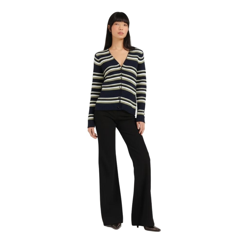 LESLIE FAY Striped Navy White Green V Neck Button Front Cardigan Womens Medium